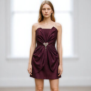 Vintage Aspeed Plum Mini Dress Women Small Strapless Ruffled Lined Elegant